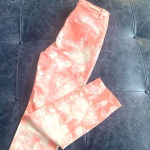 Peach and white tie dye skinny jeans.